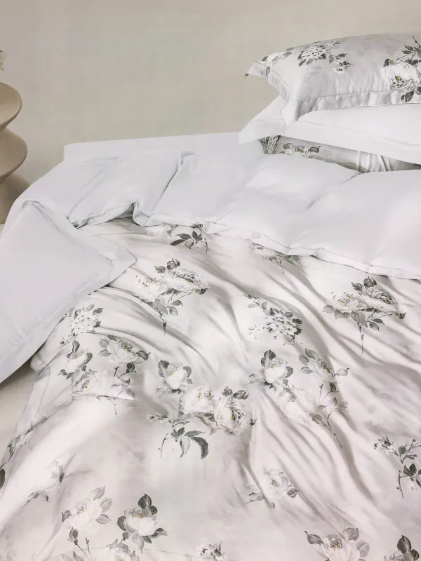 КПБ евро, тенсель 300 ТС, светло-серый, Цветы, Tencel, image-0