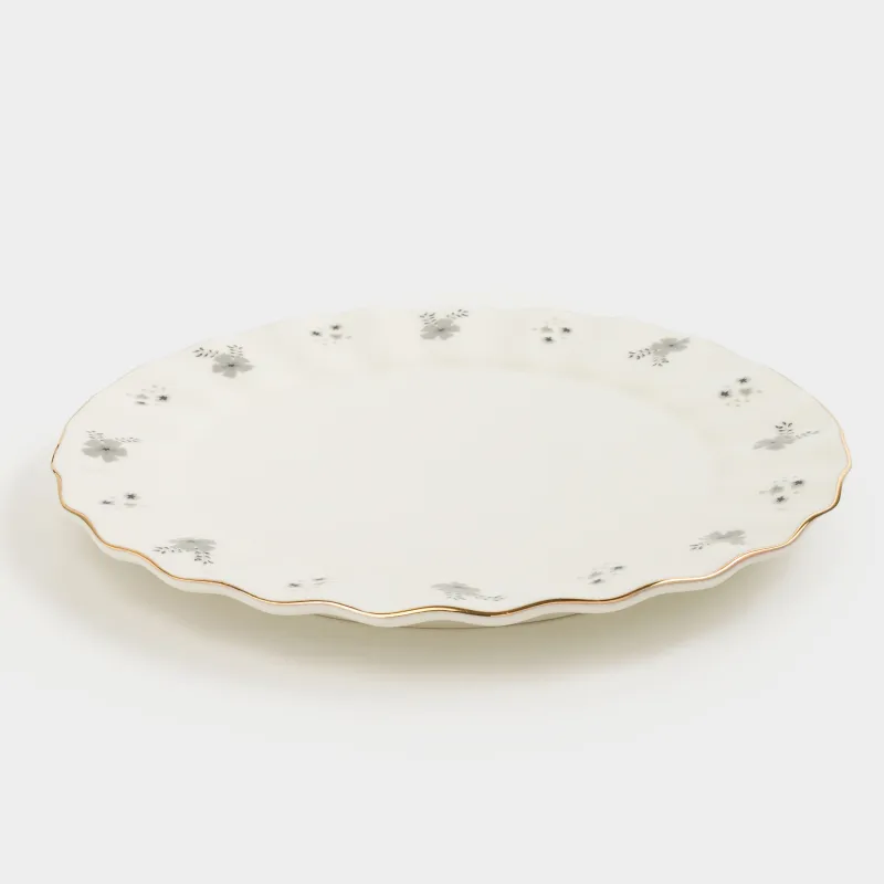 Тарелка десертная, 20 см, фарфор P, молочная, с золотистым кантом, Серые цветы, Florals, image-1