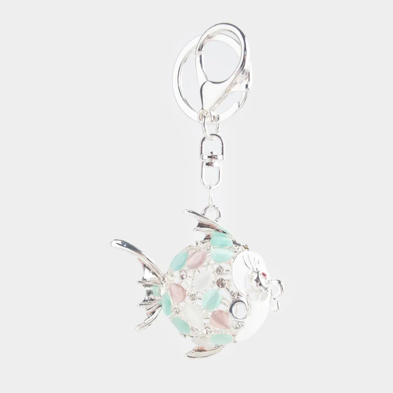 Брелок, 12 см, металл/стразы, серебристый, Рыба-шар, Keychain crystal