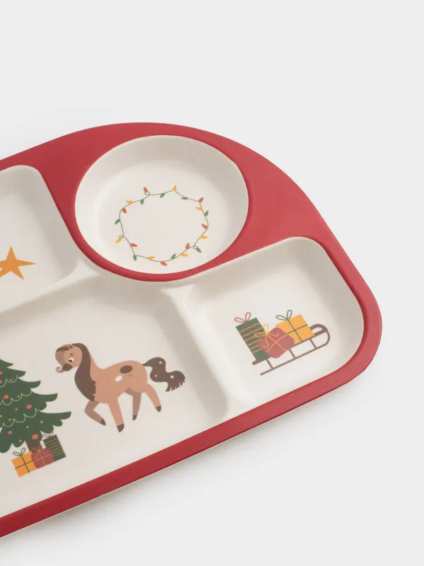Тарелка обеденная, детская, 27х21 см, 4 отд, бамбук, красная, Лошадки с елкой, Little horse, image-3