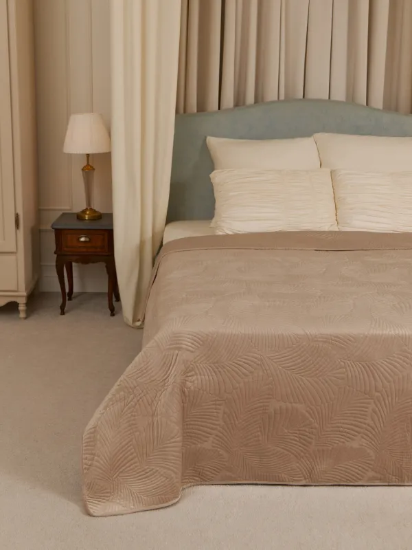 Покрывало, 220х240 см, стеганое, полиэстер, бежево/серое, Пальмовый лист, Stitch velvet, image-1