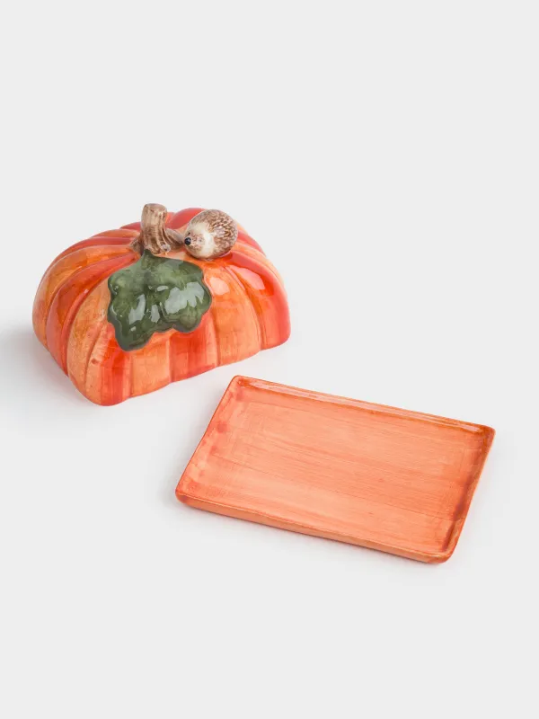 Масленка, 15 см, керамика, прямоугольная, оранжевая, Еж на тыкве, Forest symphony, image-4