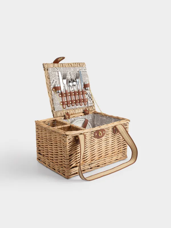 Корзина для пикника, 40х30 см, 2 перс, 12 пр, с отделением для бутылок, лоза, коричневая, Picnic, image-0
