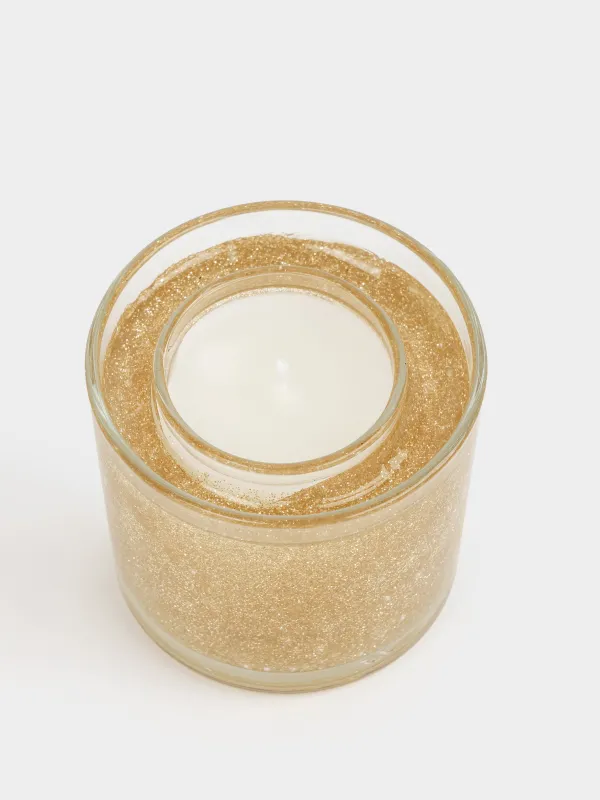 Свеча, 8 см, в подсвечнике, с блестками, стекло, золотистая, Sparkle, image-1
