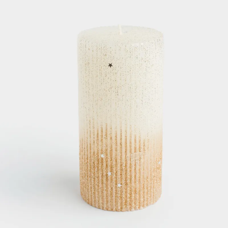 Свеча, 15 см, цилиндрическая, с блестками, молочно-золотистая, Ribbed candle