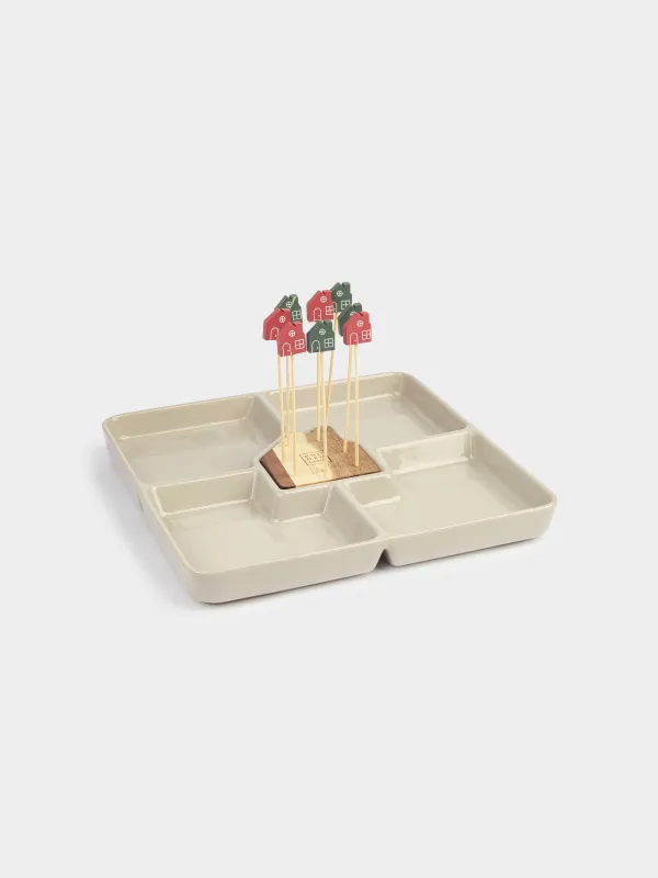 Менажница, 22 см, 4 отд, со шпажками, дерево/керамика, белая, Домик, House, image-1