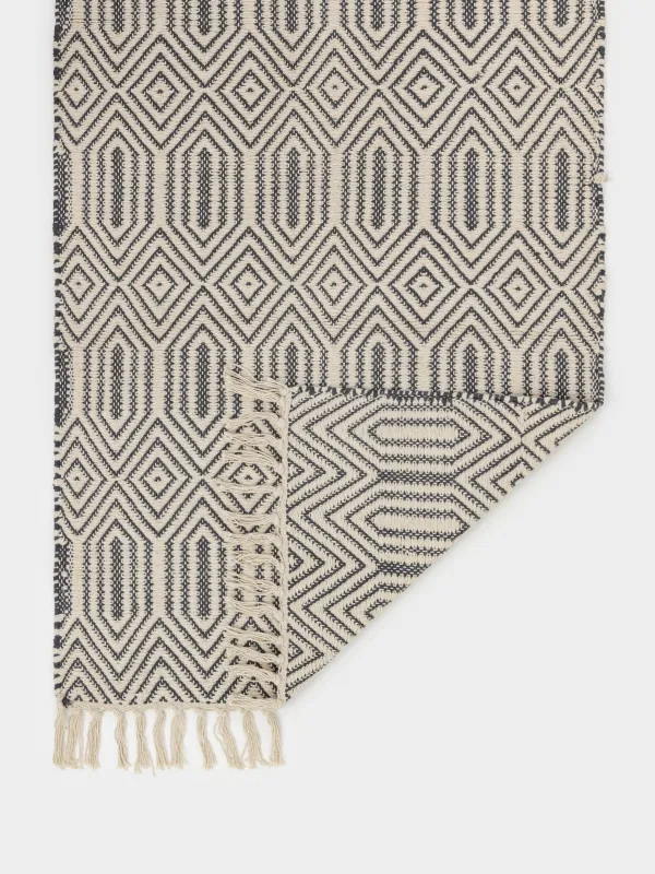 Коврик, 60x90 см, с бахромой, хлопок, черно-молочный, Rhombic, image-3