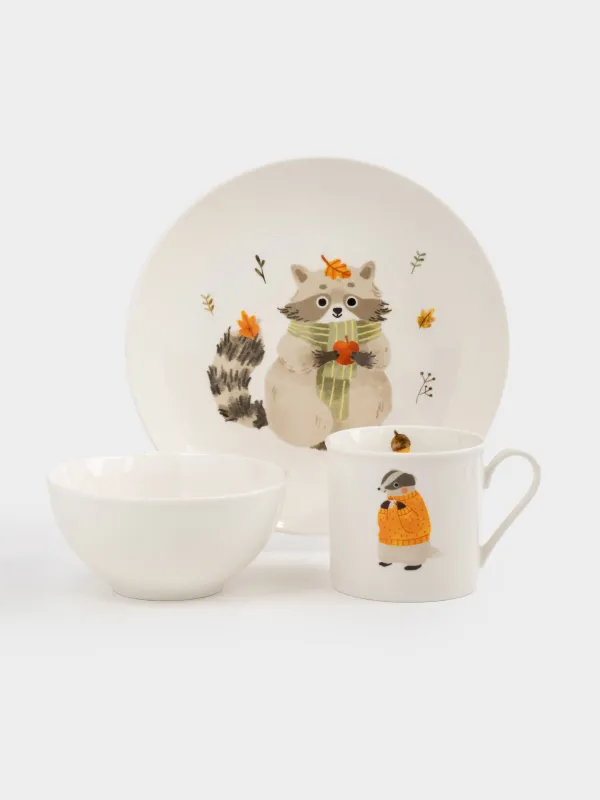 Набор посуды, детский, 1 перс, 3 пр, фарфор N, белый, Животные и листья, Forest animals, image-0