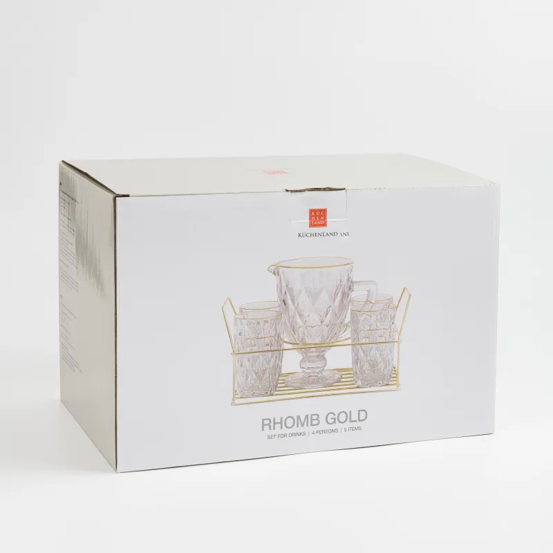 Набор для напитков, 4 перс, 5 пр, на подставке, стекло Р/металл, золотистый, Rhomb gold, image-9