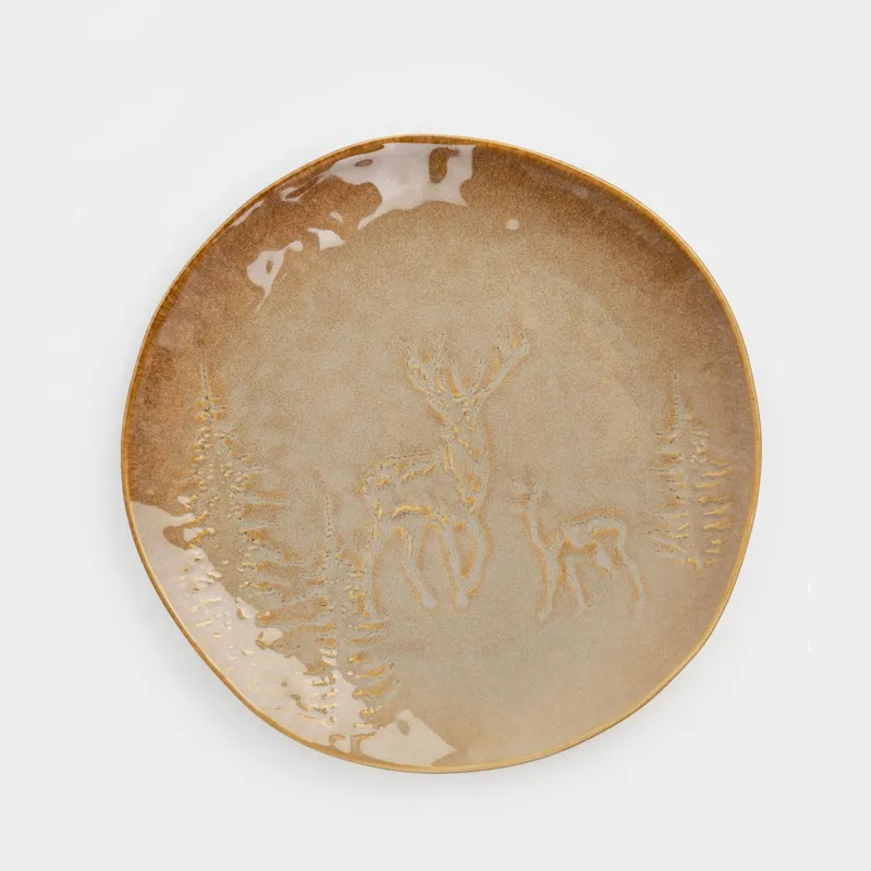 Тарелка обеденная, 27 см, керамика R, коричнево-бежевая, Олени в лесу, Snowy forest