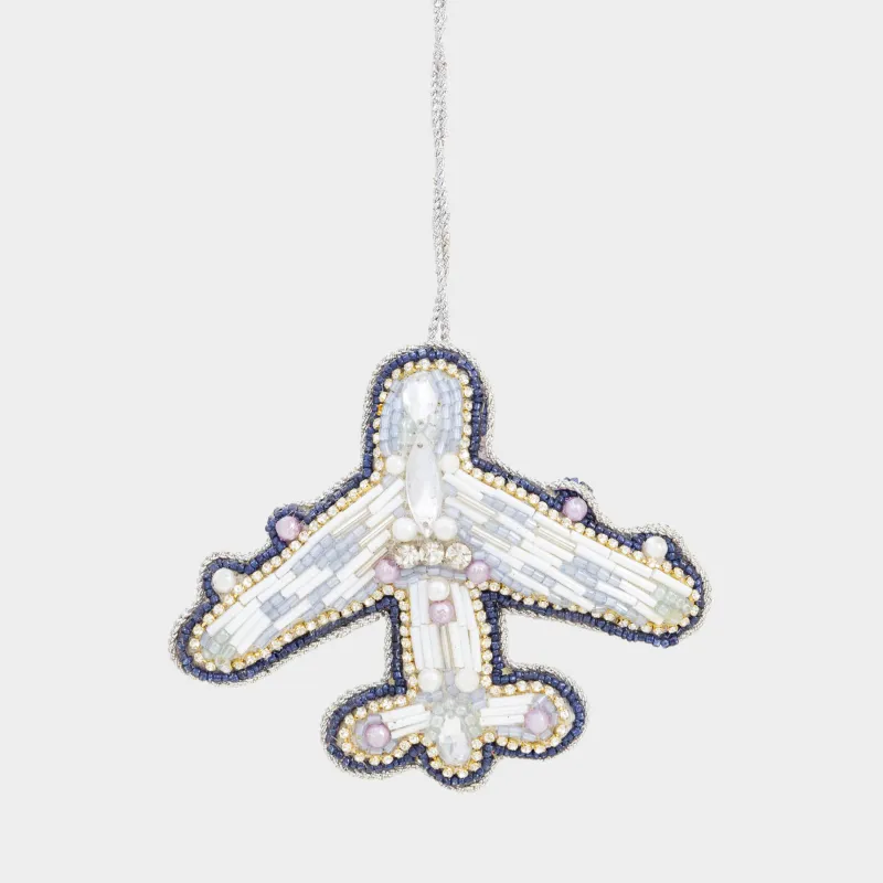 Игрушка елочная, 10 см, бисер/полифилл, голубая, Самолет, Beads figure