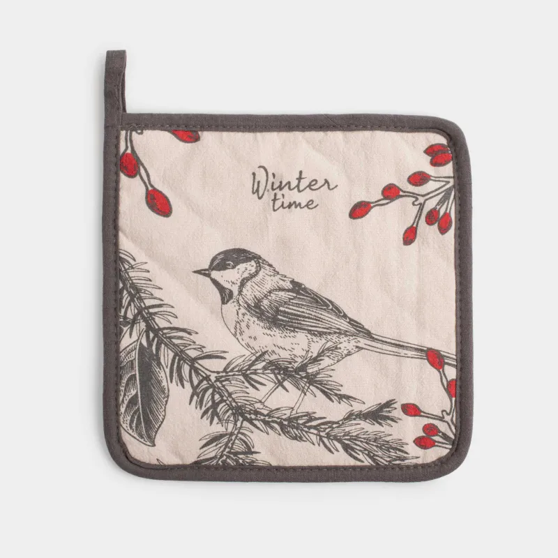 Прихватка, 20x20 см, хлопок, квадратная, серо-бежевая, Снегирь на ветке, Bullfinchs