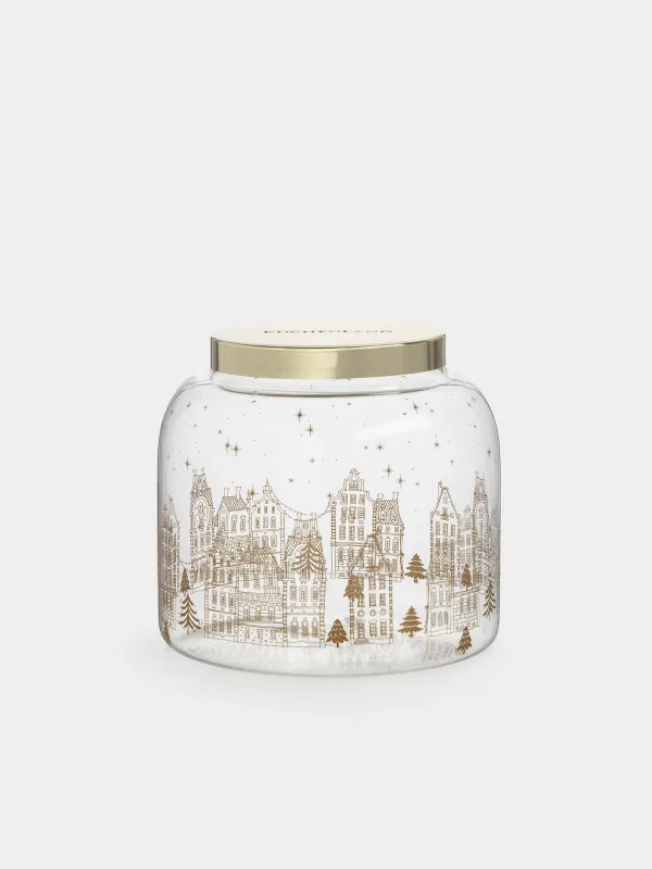Банка для сыпучих продуктов, 950 мл, стекло/металл, Золотистые домики, Snow sparks, image-0