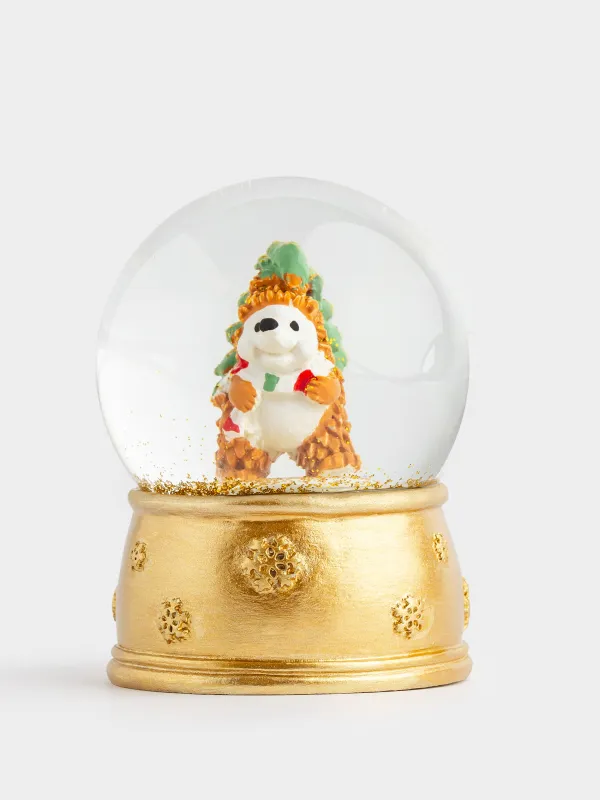 Снежный шар, 8 см, с подсветкой, стекло/полирезин, золотистый, Еж с елкой, Golden style, image-0
