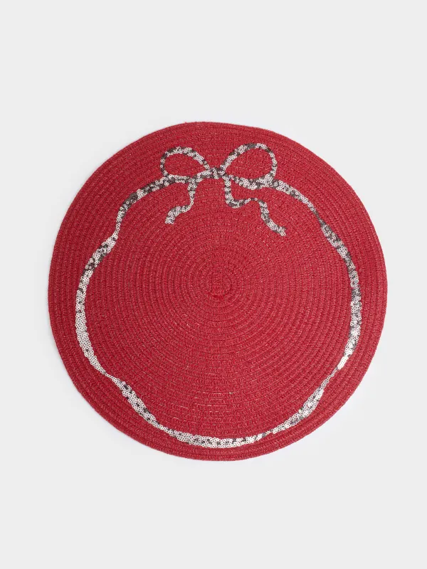 Салфетка под приборы, 38 см, с пайетками, полиэстер/пластик, круглая, красная, Бант, Rotary, image-0