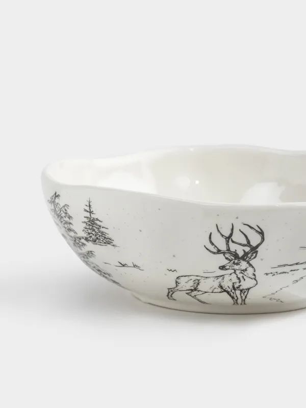 Салатник, 17х6 см, 550 мл, керамика, белый, Олени в лесу Crumple print, image-2