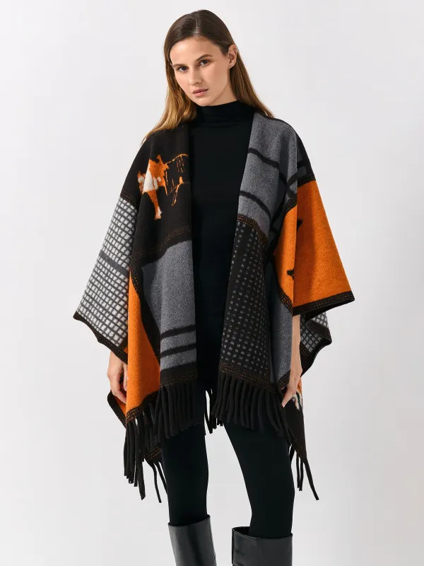 Пончо с бахромой, черно-оранжевое, Poncho, image-0