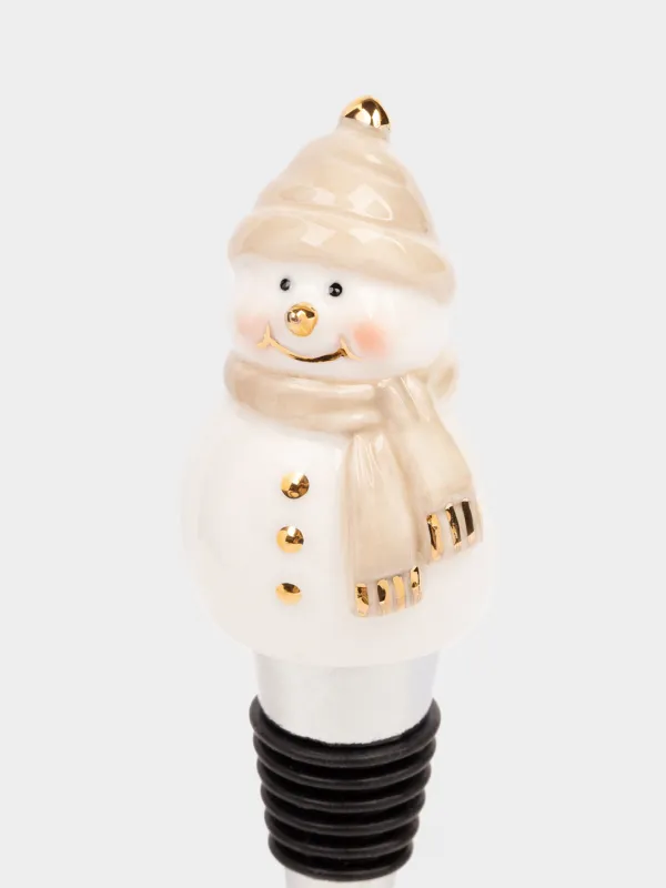 Пробка для винной бутылки, 12 см, металл/фарфор P, бело-бежевая, Снеговик в шапке и шарфе, Snowy, image-4