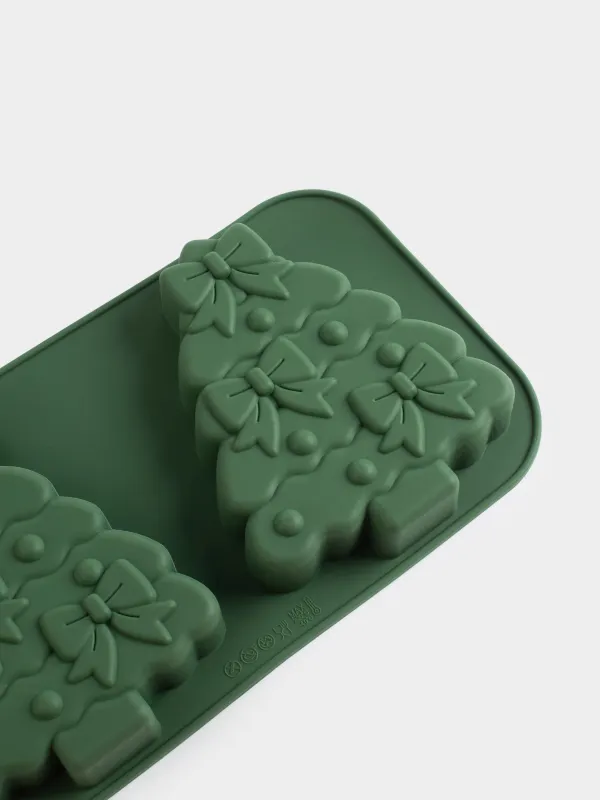 Форма для выпечки кексов, 27х15 см, 2 отд, силикон, зеленая, Елки с бантами, Bakery color, image-2