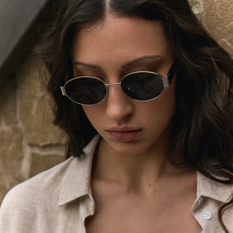 Очки солнцезащитные, металл/пластик, с футляром для очков, овальные, серебристо-серые, Round