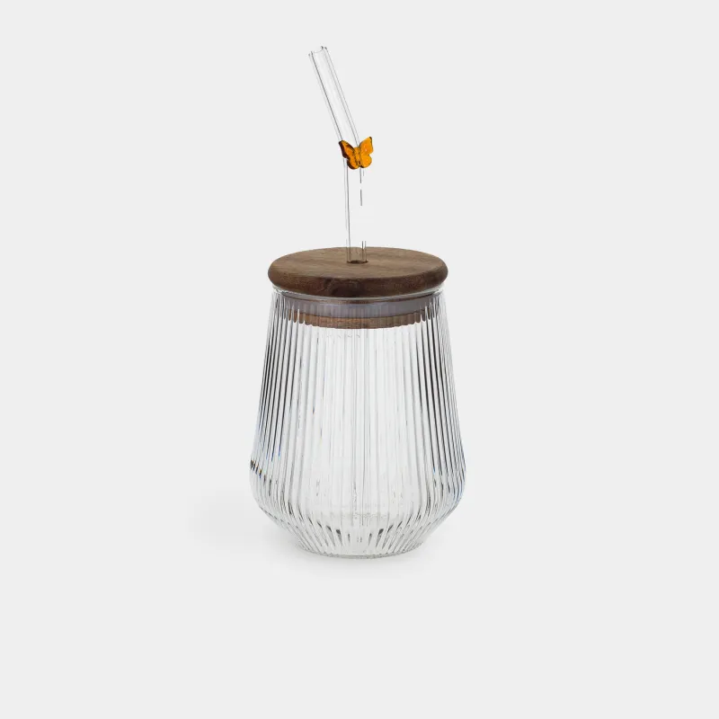 Банка для напитков, 440 мл, с трубочкой, Бабочка, Ribby wood