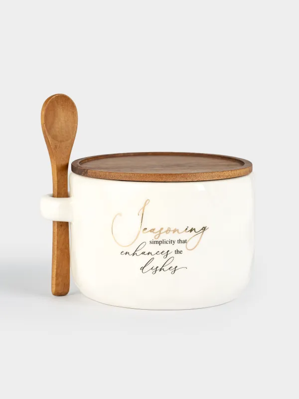 Емкость для специй, 12x9 см, 550 мл, с ложкой, керамика/дерево, Мятый эффект, Crumple kitchen, image-0