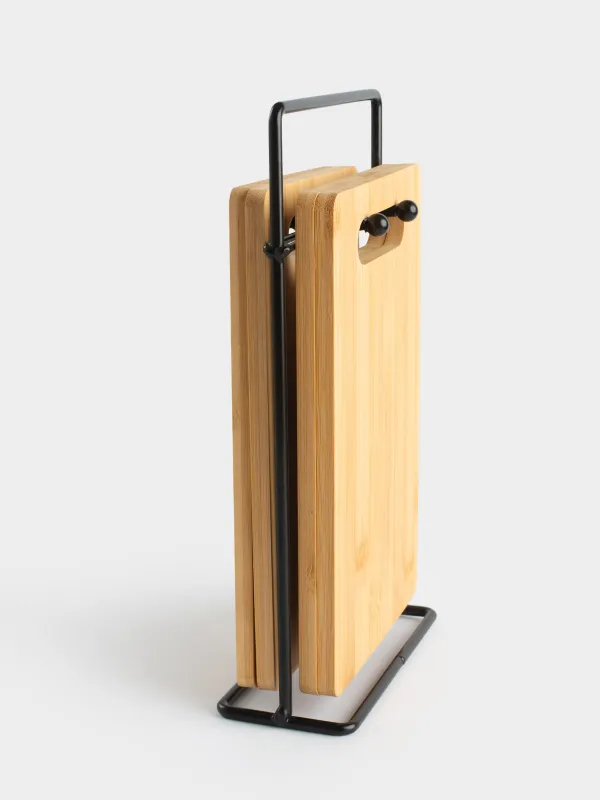 Доска разделочная, 22x14 см, 4 шт, на подставке, бамбук/сталь, прямоугольная, Bamboo, image-5