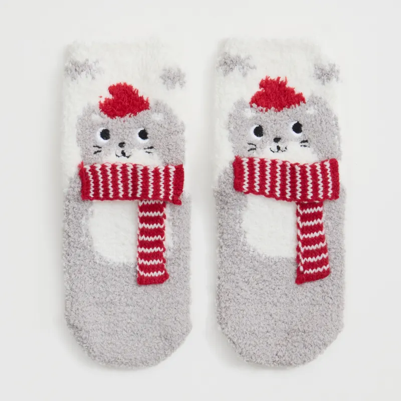 Носки детские, домашние, р. 27-29, в коробке, полиэстер, молочно-серые, Кот в шарфе, Merry