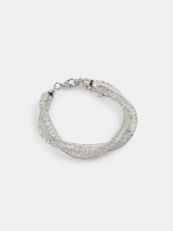 Браслет, 24 см, двойной, металл/стразы, серебристый, Плетение, Jewelry, image-1