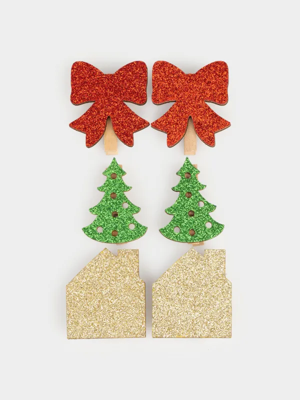 Клипса декоративная, 5 см, 6 шт, дерево, с блестками, Праздничные атрибуты, Figure wood, image-0