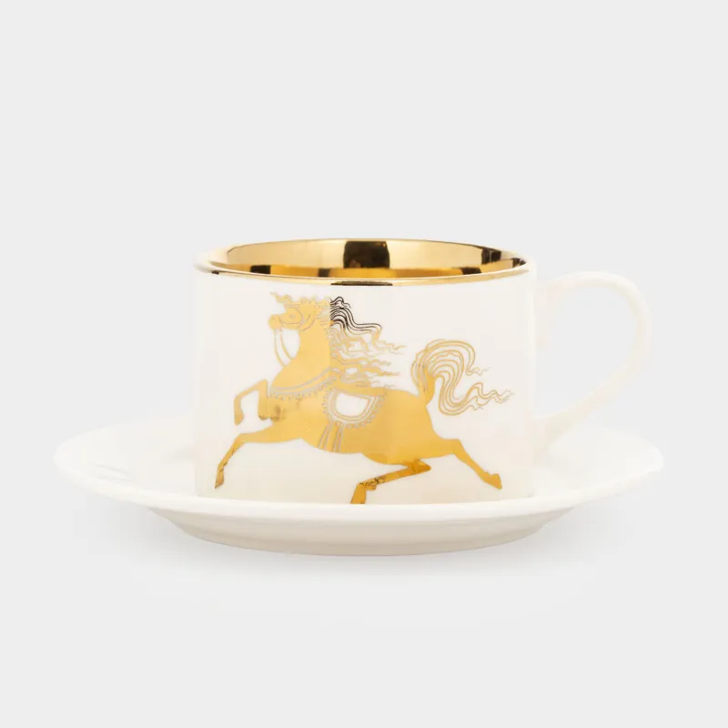 Пара чайная, 1 перс, 2 пр, 220 мл, фарфор N, бело-золотистая, Лошадь, Horse gold