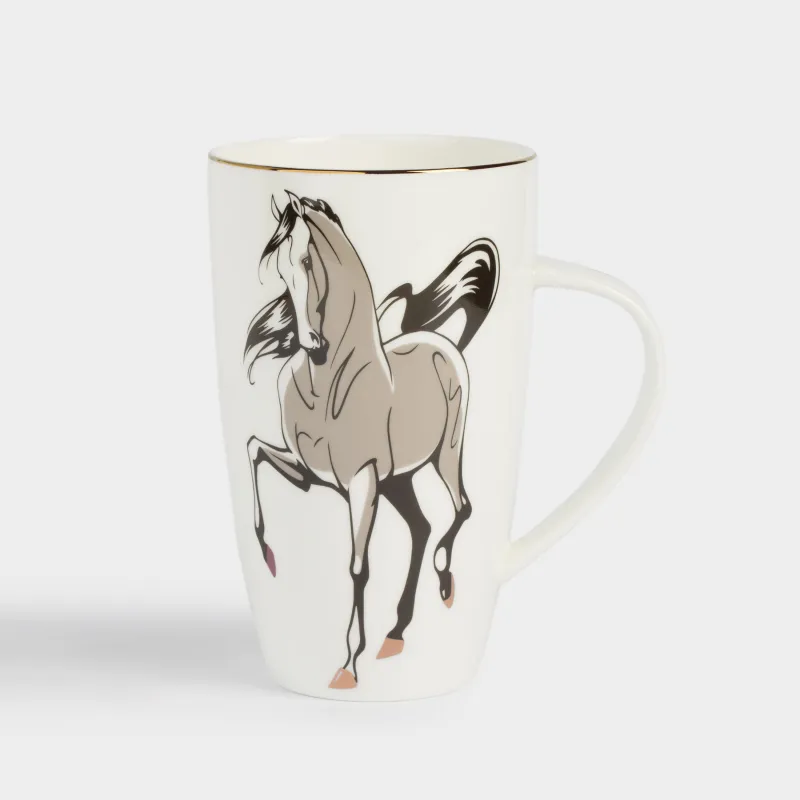 Кружка, 600 мл, фарфор F, белая, с золотистым кантом, Конь, Horse