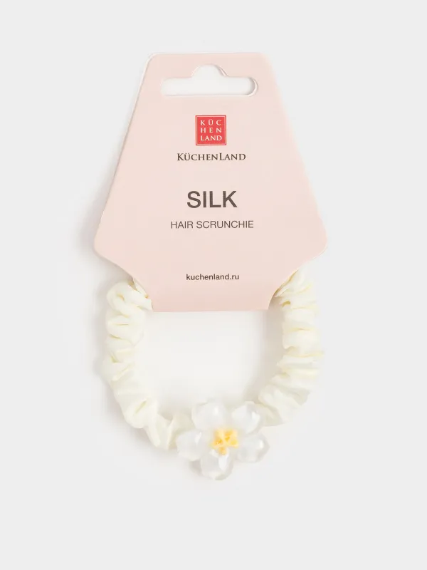 Резинка для волос, 8 см, сатин/пластик, молочная, Цветок, Silk, image-1