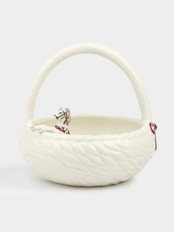 Конфетница, 20х20 см, с ручкой, керамика, белая, перламутр, Лошадка внутри, Horse polar, image-0