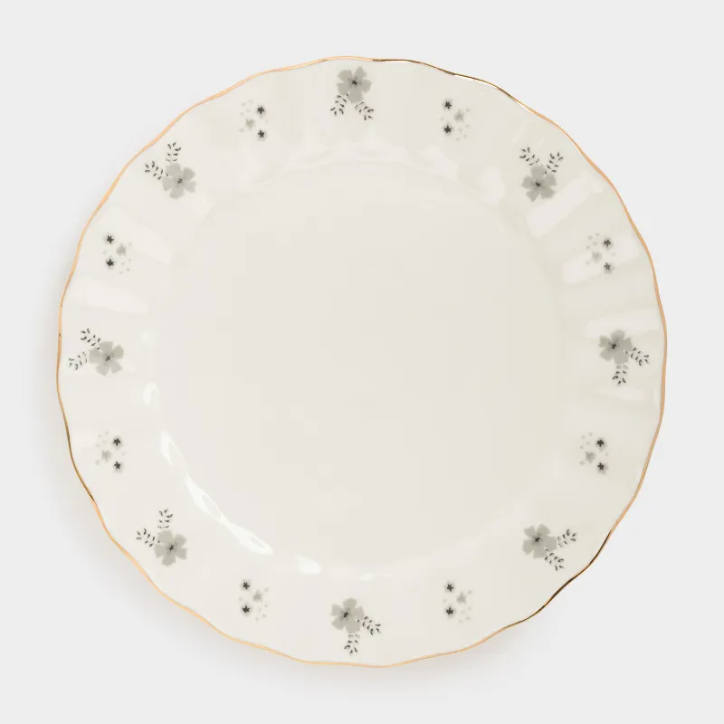 Тарелка десертная, 20 см, фарфор P, молочная, с золотистым кантом, Серые цветы, Florals, image-0