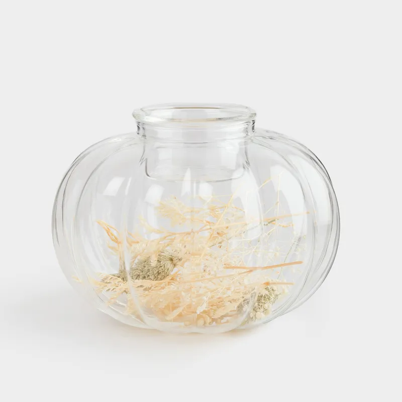 Подсвечник, 13х10 см, для чайной свечи, стекло Б, с сухоцветами и листьями, Тыква, Decor candle