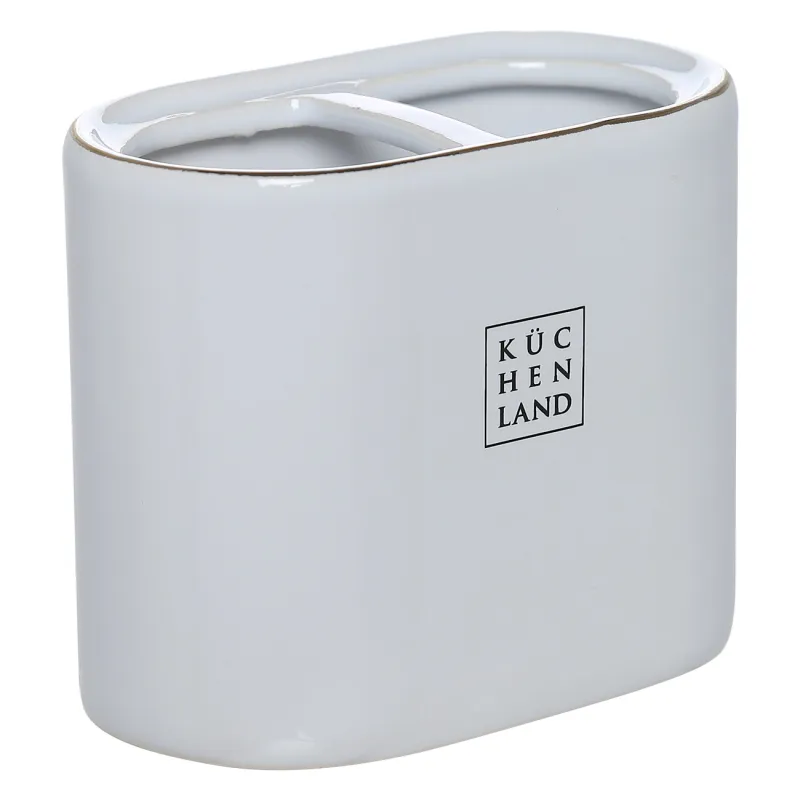 Стакан для зубных щеток, 12 см, керамика, бело-золотистый, Freya, image-1