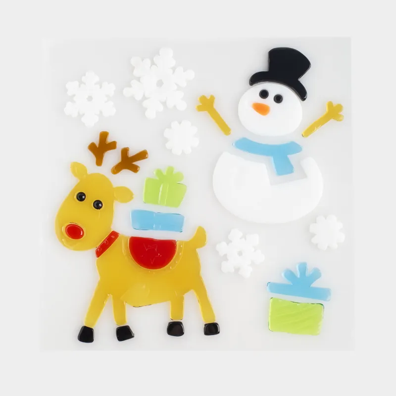Набор наклеек, 19х19 см, многоразовые, термопластик, Снеговик и олень, Christmas decal