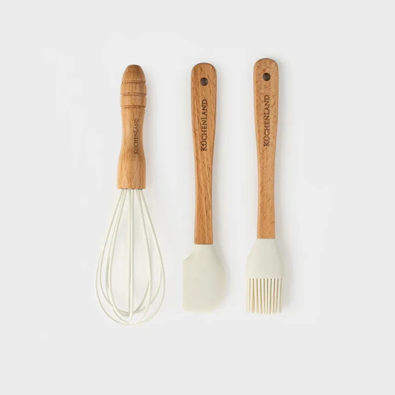 Набор для выпечки, 3 пр, лопатка/венчик/кисть, силикон/дерево, молочный, Bakery