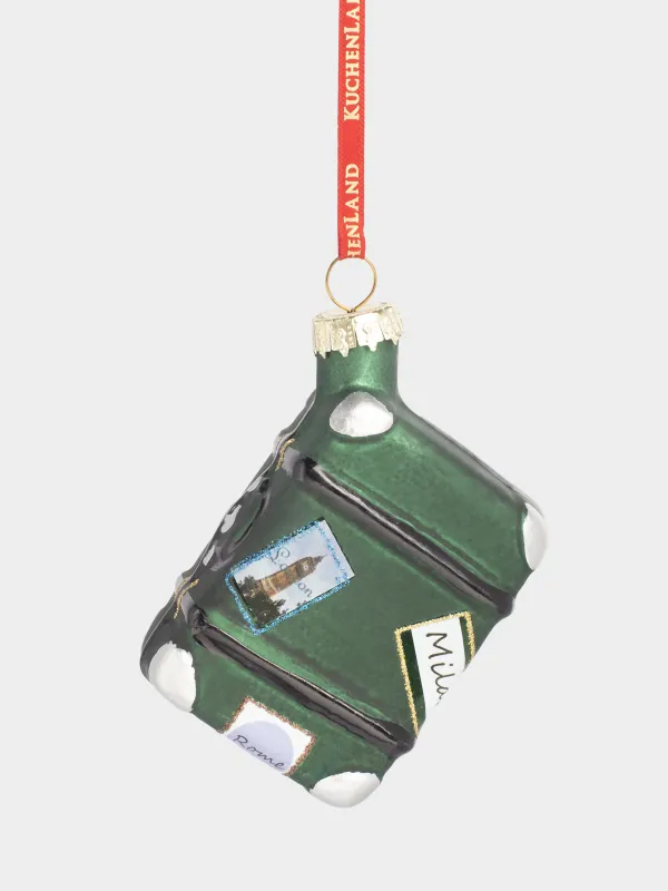 Игрушка елочная, 8 см, стекло, с блестками, зелено-серая, Чемодан, Figure christmas, image-1