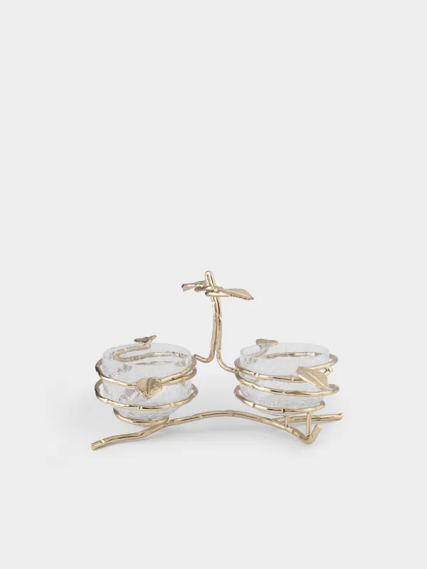 Подставка для закусок, 26х17 см, 2 пр, с ручкой, стекло/металл, Ветви, Fantastic gold, image-0