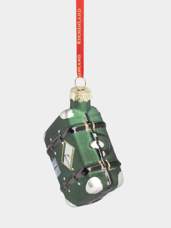 Игрушка елочная, 8 см, стекло, с блестками, зелено-серая, Чемодан, Figure christmas, image-2