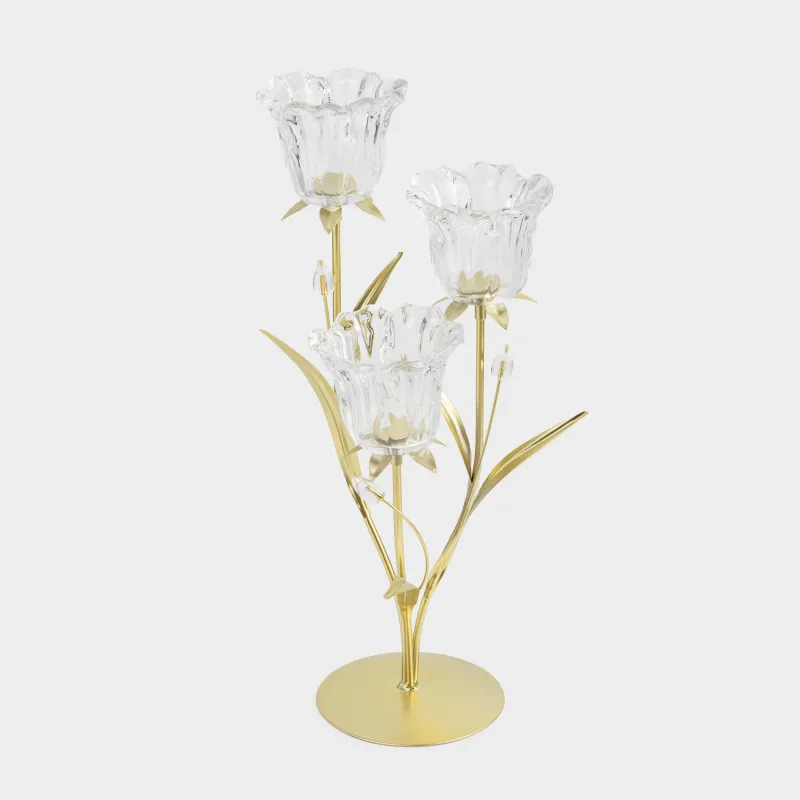 Подсвечник, 45 см, 3 чайные свечи, стекло/металл, золотистый, Цветы, Fantastic flowers