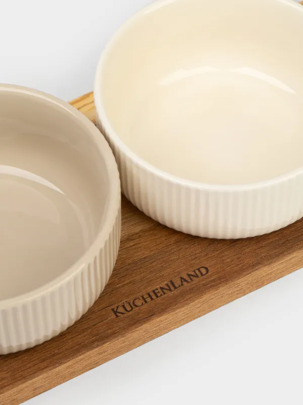 Набор для закусок, 3 пр, на подставке, керамика/дерево, микс, Ребристые пиалы, Noble tree, image-2