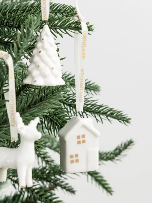 Набор елочных игрушек, 5 см, 4 шт, фарфор P, белый, Дом/Ель/Снеговик/Олень, Figure christmas, image-4