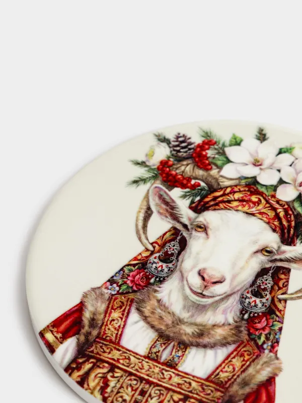 Подставка под кружку, Коза в венке, Goat in flowers, image-1