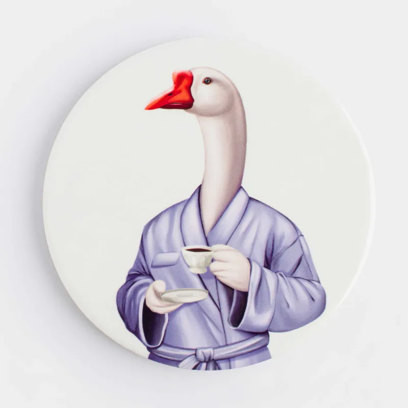 Подставка под кружку, 11 см, круглая, керамика/пробка, белая, Гусь в халате, Goose, image-0