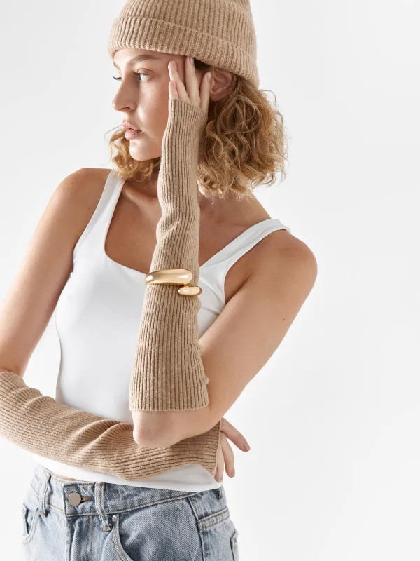 Митенки женские, удлиненные, единый размер, полиэстер/акрил, песочные, Knitting, image-5