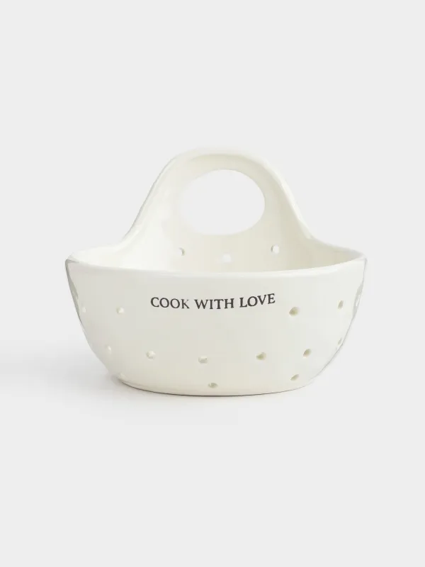 Дуршлаг, 15 см, с ручкой, керамика, молочный, Crumple font, image-0