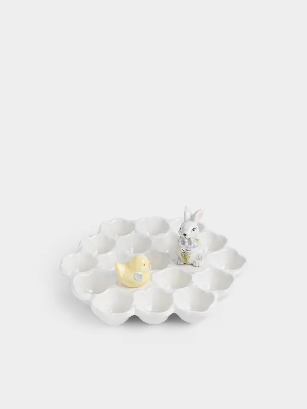 Блюдо пасхальное, 27x12 см, 17 отд, керамика D, молочное, Кролик и цыпленок с цветами, Easter, image-0